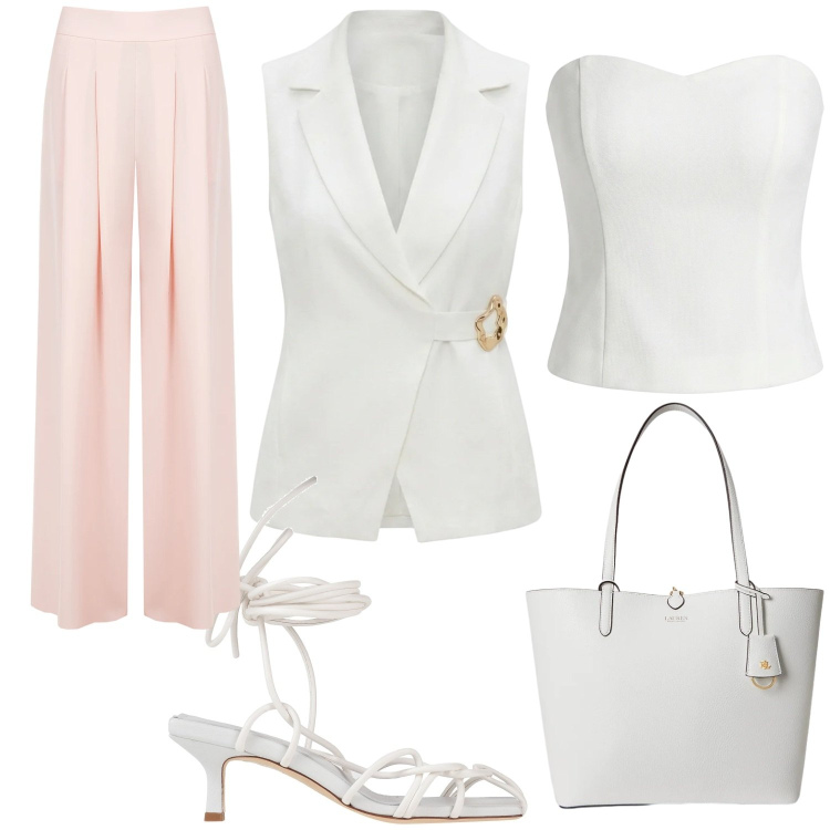 Outfit donna - Sere d\'estate. Stile Glamour per Serata fuori. Abbinamento con sandali col tacco, top, pantaloni a palazzo, gilet, borse tote.