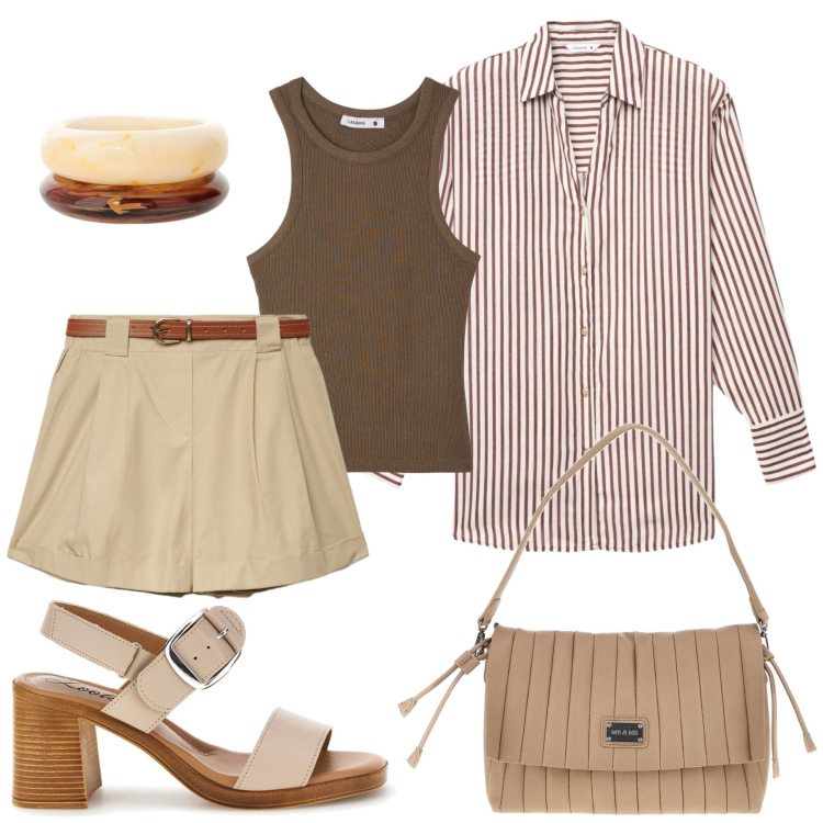 Outfit donna - Soft brown. Stile Casual chic per Tutti i giorni. Abbinamento con camicie, canottiere, shorts, braccialetti, pochette, sandali col tacco.