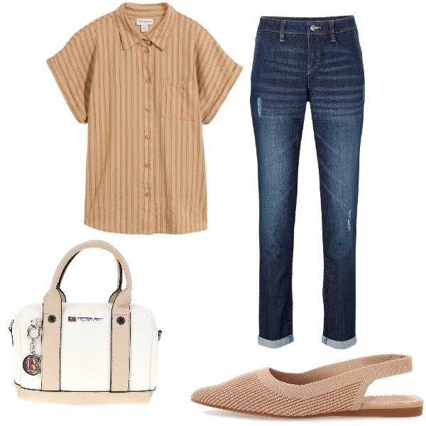 Outfit donna - Camicia e jeans. Stile Casual chic per Tutti i giorni. Abbinamento con camicie a manica corta, jeans boyfriend, ballerine, borse a mano.