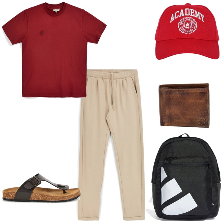 Outfit uomo - Visiti la città. per Tutti i giorni. Abbinamento con cappelli, borse sportive, pantaloni, t-shirt, portafogli, sandali.