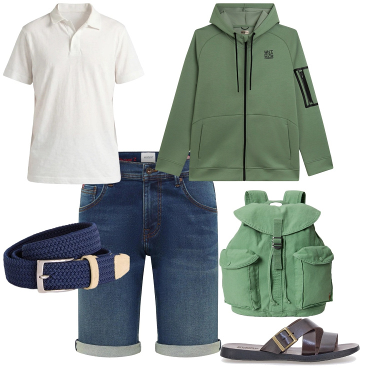 Outfit uomo - Al lago. per Tutti i giorni. Abbinamento con bermuda, cinture, polo, felpe con cappuccio, borse sportive, sandali.