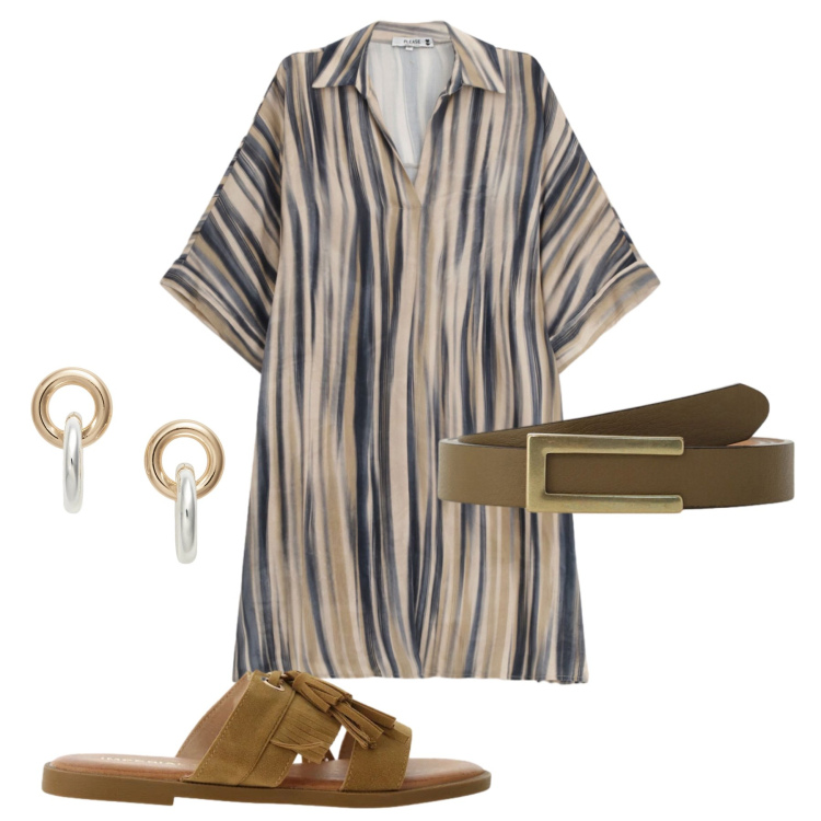 Outfit donna - Abito corto a righe easy chic. Stile Casual chic per Serata fuori. Abbinamento con sandali, vestiti corti, orecchini, cinture.