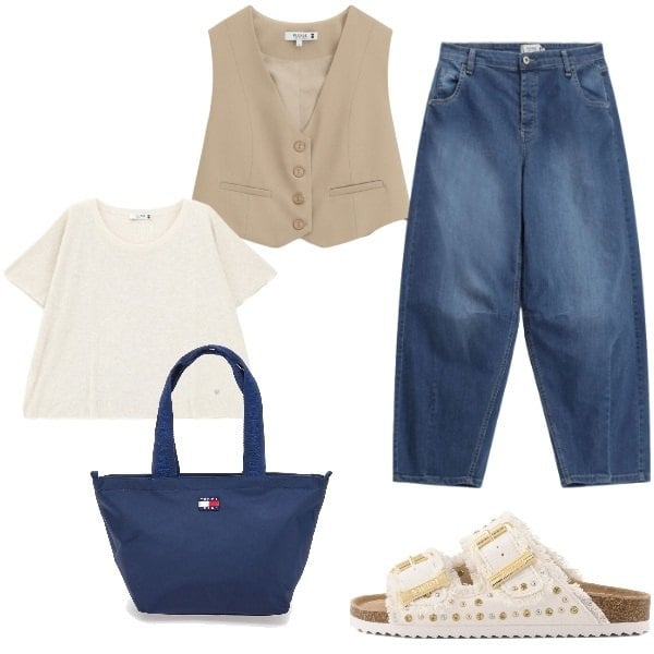 Outfit donna - Giornata di relax. Stile Urban per Tutti i giorni. Abbinamento con jeans, gilet, top, sandali, borse tote.