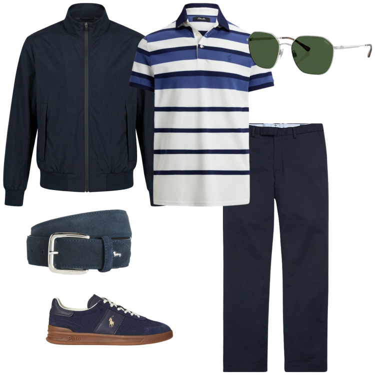 Outfit uomo - Aperitivo. per Mare. Abbinamento con cinture, pantaloni chino, sneakers, polo, occhiali da sole, giacche.