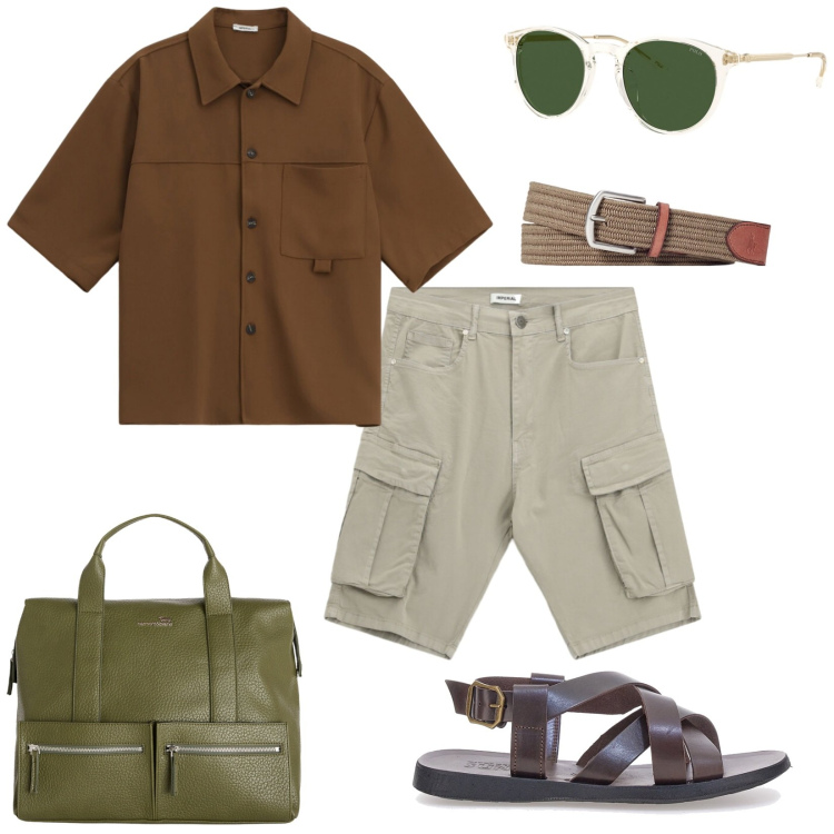 Outfit uomo - Un città. per Tutti i giorni. Abbinamento con camicie a manica corta, bermuda, borse sportive, cinture, occhiali da sole, sandali.