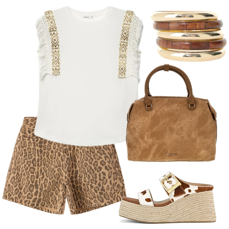 Outfit donna - Muccato e leopardato. Stile Etnico per Tutti i giorni. Abbinamento con t-shirt, shorts, cappotti, zeppe, borse a tracolla.