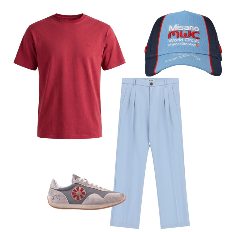 Outfit uomo - Contrasti Estivi. Stile Casual per Tutti i giorni. Abbinamento con cappelli, pantaloni, t-shirt, sneakers.