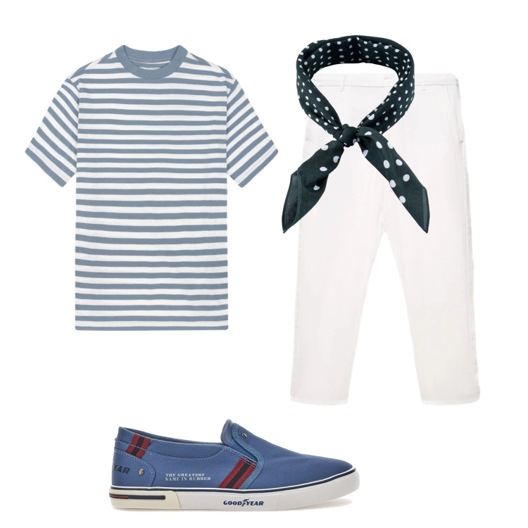 Outfit uomo - Brezza Marina. Stile Business/Elegante per Mare. Abbinamento con pantaloni, t-shirt, sciarpe e foulard, sneakers.