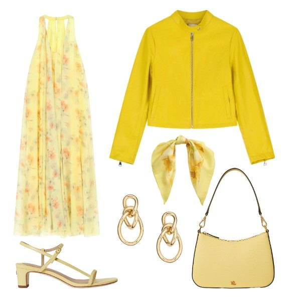 Outfit donna - summer. Stile Casual chic Abbinamento con vestiti lunghi, giacche, sandali in pelle, orecchini, borse a spalla, foulard.