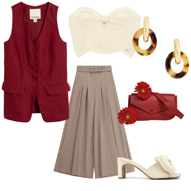 Outfit donna - Gemelli. per Tutti i giorni. Abbinamento con gilet, pantaloni a palazzo, top, orecchini, borse a tracolla, sandali col tacco.