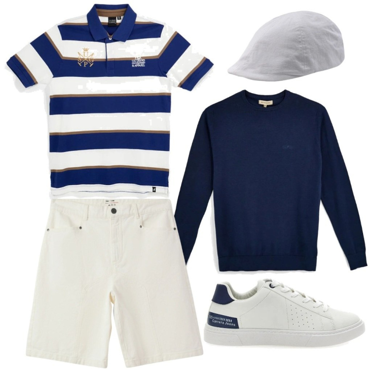 Outfit uomo - G. Sailor man. Stile Casual per Tutti i giorni. Abbinamento con bermuda, cappelli con visiera, polo, sneakers, maglieria.