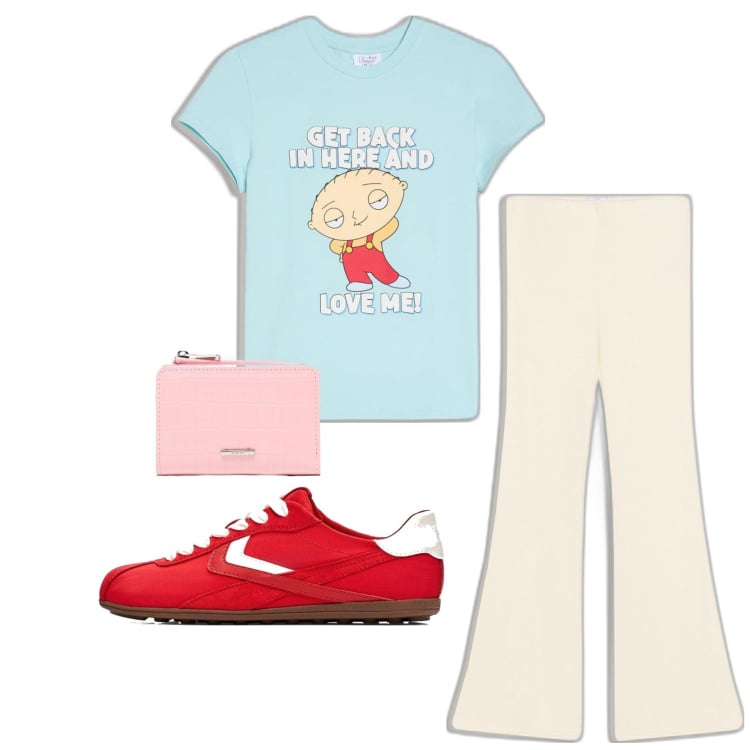 Outfit mujer - Casual. Estilo Casual para Todos los días. Combinación con monederos, camiseta, sneakers, pantalones.