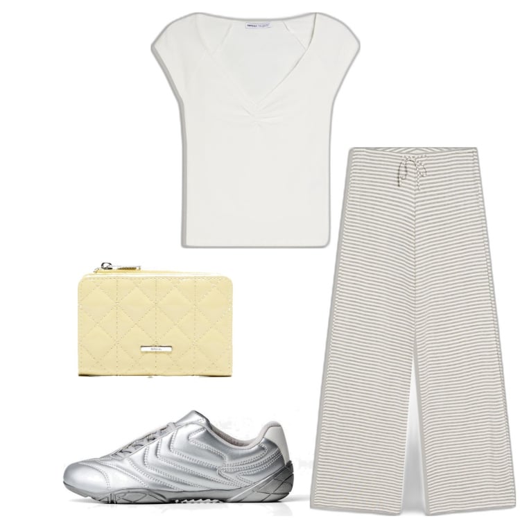 Outfit mujer - Basic look. Estilo Basic para Todos los días. Combinación con pantalones, camiseta, sneakers, monederos.
