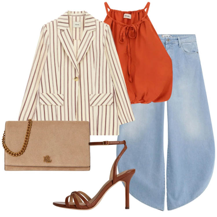 Outfit donna - Colore sotto il rigore. Stile Glamour per Tutti i giorni. Abbinamento con jeans, blazer, top, borse a tracolla, sandali in pelle.