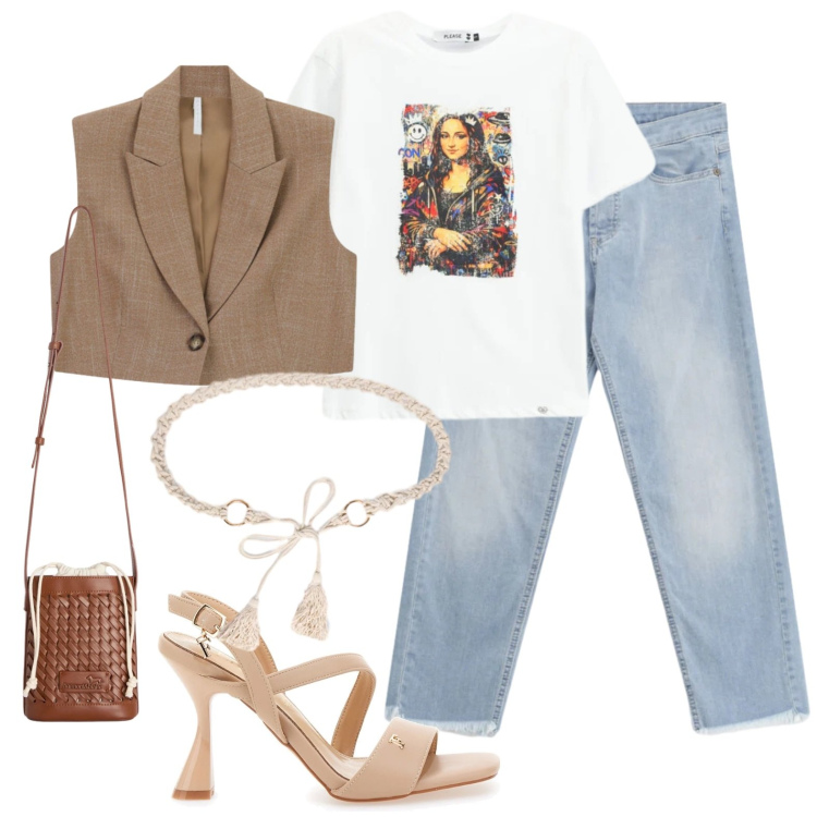 Outfit donna - Mona Lisa per l\'aperitivo. Stile Casual chic per Tutti i giorni. Abbinamento con gilet, borse a secchiello, t-shirt, jeans, cinture, sandali col tacco.