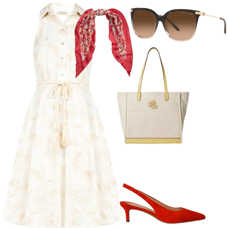 Outfit donna - Aperitivo. per Mare. Abbinamento con vestiti chemisier, décolleté, occhiali da sole, foulard, borse tote.