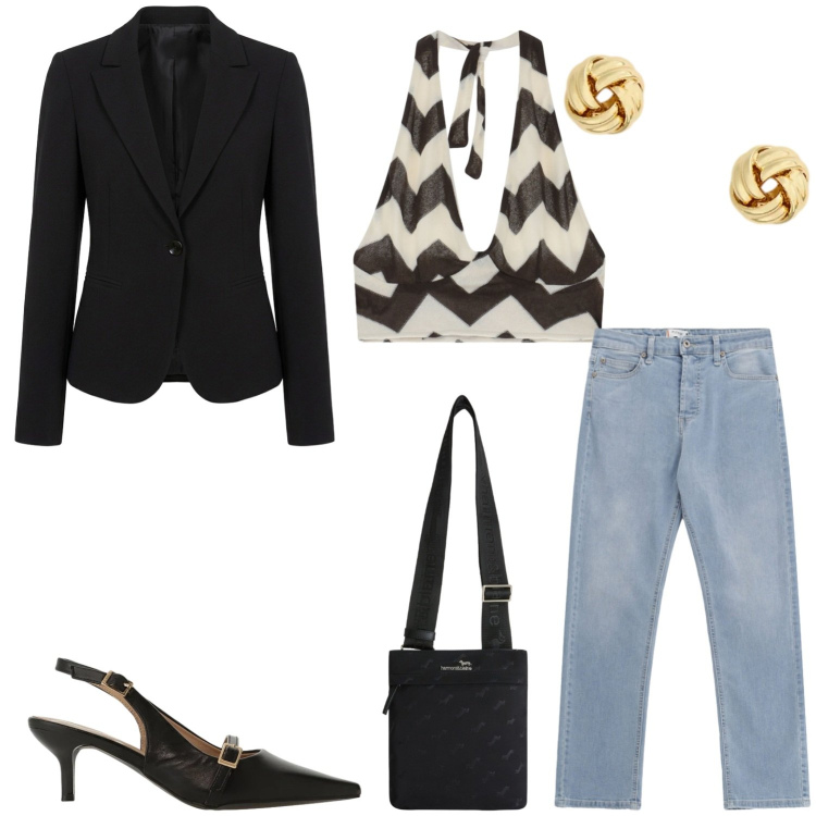 Outfit donna - Notturno. Stile Minimal per Serata fuori. Abbinamento con blazer, sandali col tacco, borse a tracolla, jeans, top, orecchini.