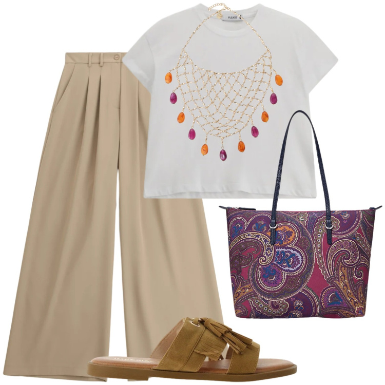 Outfit donna - Collana a cascata. Stile Casual chic per Tutti i giorni. Abbinamento con sandali, t-shirt, pantaloni a palazzo, collane, borse tote.