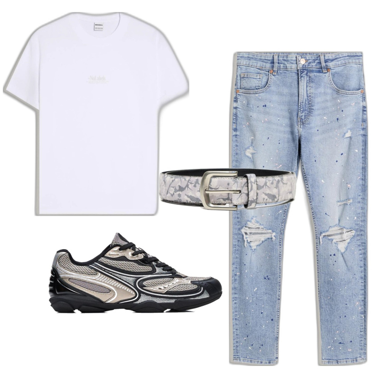 Outfit hombre - Urban style. Estilo Urban para Todos los días. Combinación con vaqueros rotos, camiseta, sneakers, cinturones.