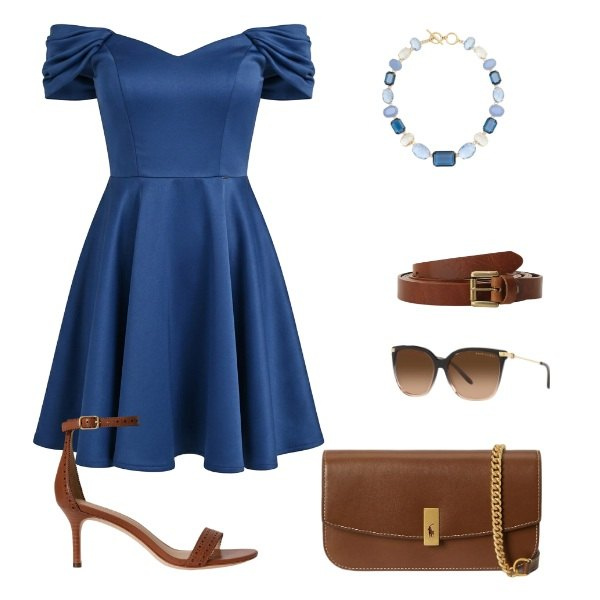Outfit donna - gli opposti. Stile Casual chic Abbinamento con occhiali da sole, clutch, sandali in pelle, collane, vestiti corti, cinture.