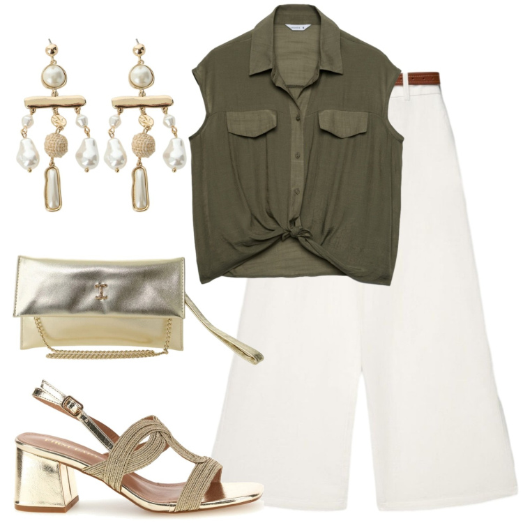 Outfit donna - Tocchi di oro. Stile Military per Tutti i giorni. Abbinamento con camicie a manica corta, pantaloni a palazzo, borse a tracolla, orecchini, sandali col tacco.