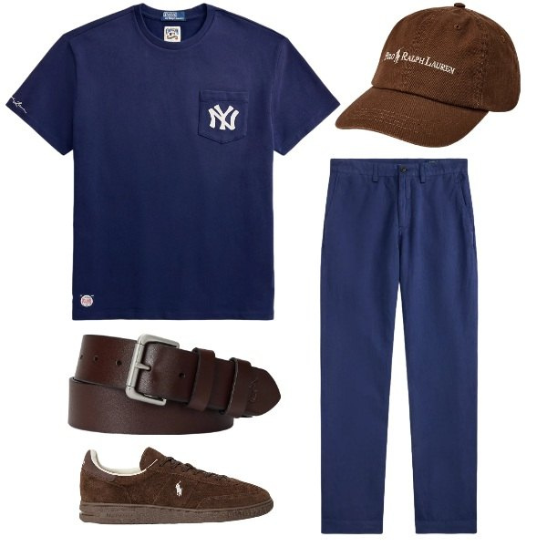 Outfit uomo - sportivo. Stile Urban per Sport. Abbinamento con cinture, cappelli, pantaloni, sneakers, t-shirt.