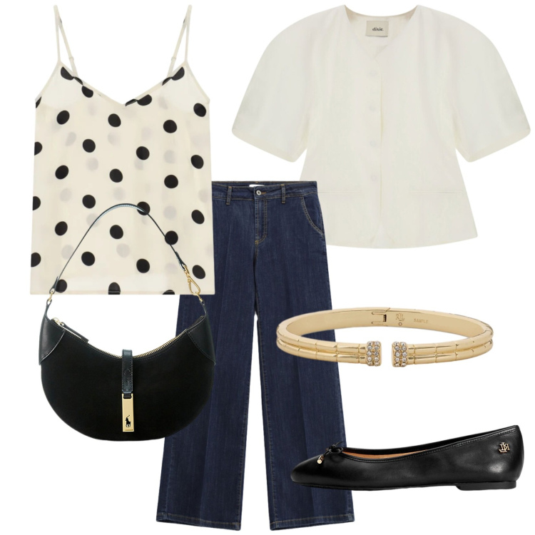 Outfit donna - Jeans e ballerine. Stile Casual chic per Ufficio. Abbinamento con blazer, top, jeans, ballerine, borse a spalla, braccialetti.