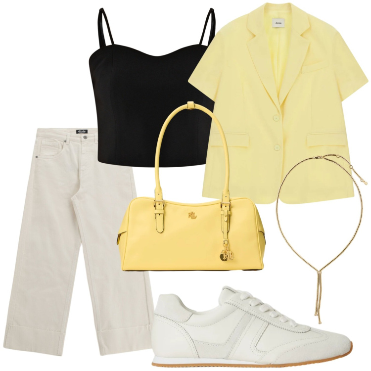 Outfit donna - La più cool. Stile Casual per Tutti i giorni. Abbinamento con top, blazer, jeans, borse a mano, sneakers, collane.