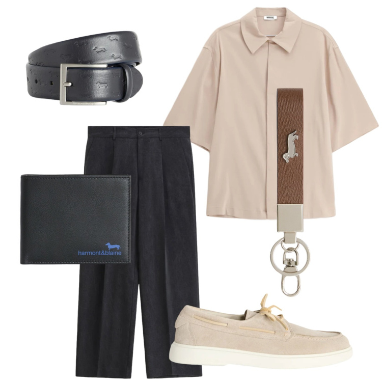 Outfit uomo - Total look #2411535. Stile Trendy per Serata speciale. Abbinamento con pantaloni, camicie a manica corta, portachiavi, scarpe stringate, cinture, portafogli.