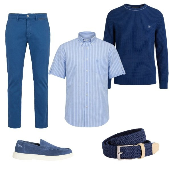 Outfit uomo - blu. Stile Casual Abbinamento con pantaloni, cinture, camicie a manica corta, scarpe stringate, maglieria.