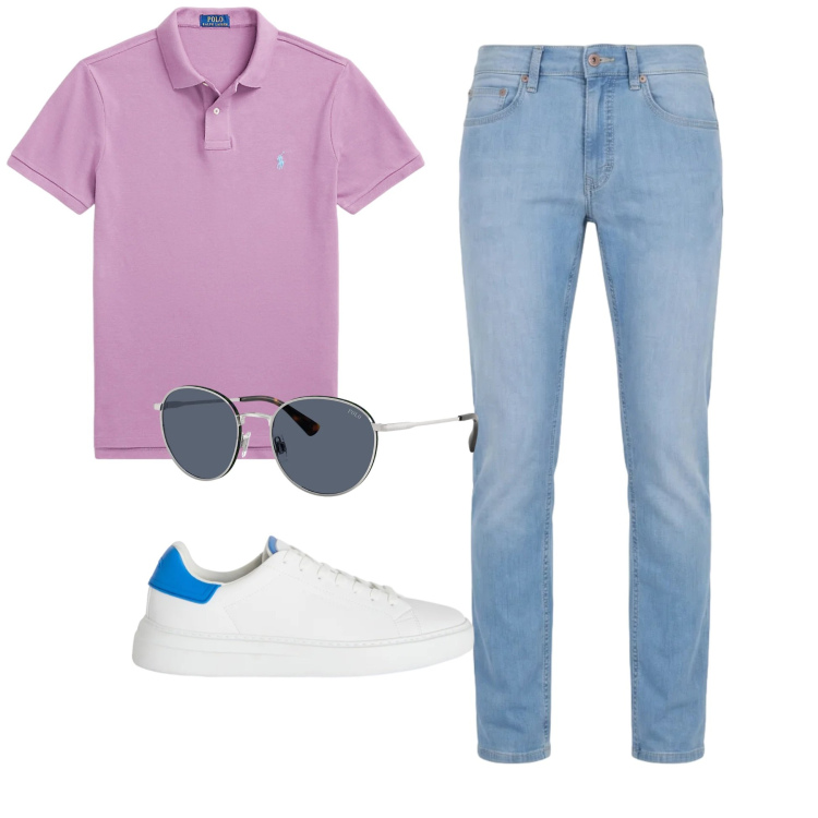 Outfit uomo - Pastel Urban Elegance. Stile Urban per Tutti i giorni. Abbinamento con sneakers, jeans, polo, occhiali da sole.