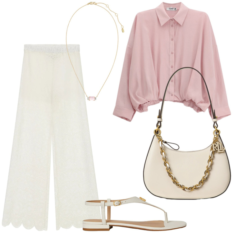 Outfit donna - Total look #2411539. Stile Bon Ton per Tutti i giorni. Abbinamento con camicie, pantaloni a palazzo, sandali in pelle, borse a spalla, collane.