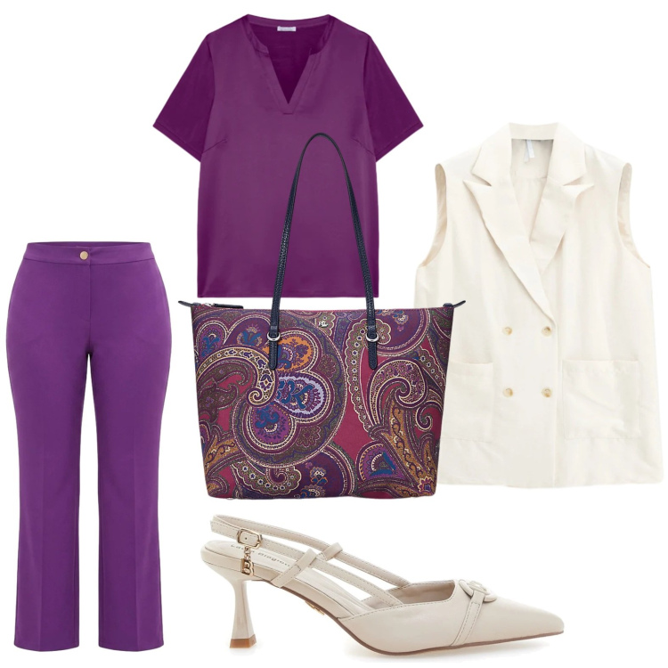 Outfit donna - Tonalità malva. Stile Glamour per Tutti i giorni. Abbinamento con gilet, t-shirt, pantaloni, borse tote, décolleté.