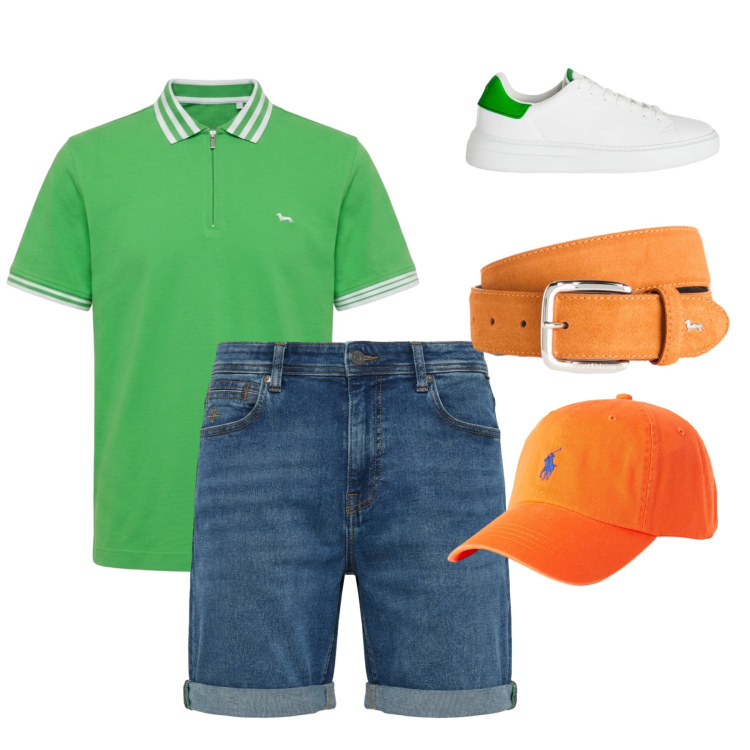 Outfit uomo - Summer Energy. Stile Trendy per Tutti i giorni. Abbinamento con cinture, sneakers, polo, bermuda, cappelli con visiera.