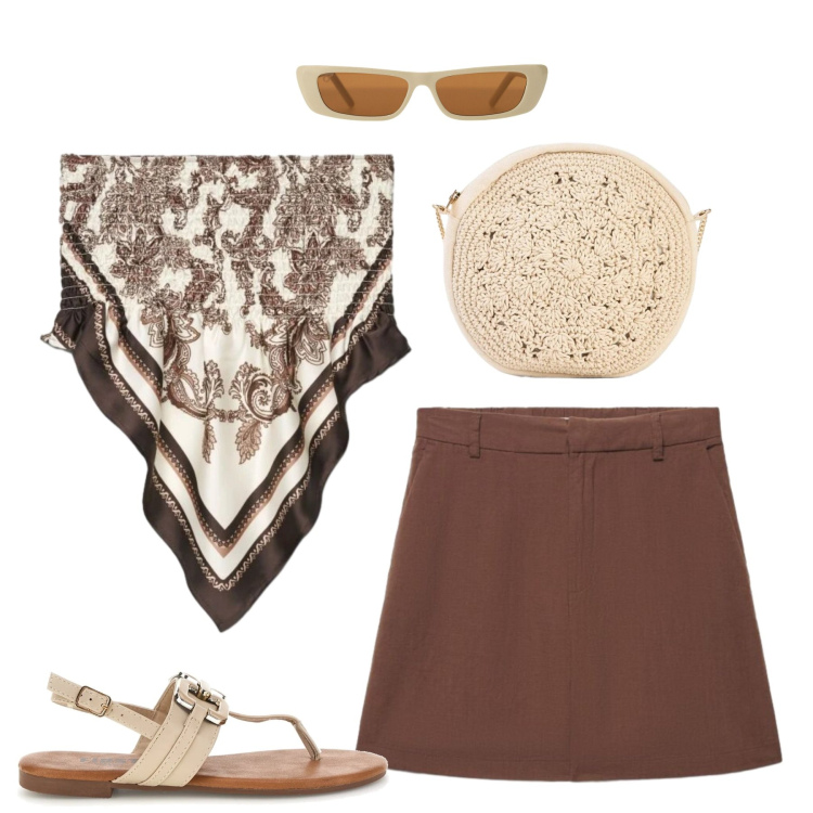 Outfit donna - Il top stampa foulard. Stile Basic per Tutti i giorni. Abbinamento con borse a tracolla, top, shorts, occhiali da sole, sandali.