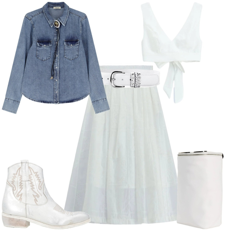 Outfit donna - Boho chic serata evento. Stile Boho per Serata fuori. Abbinamento con zaini, stivaletti texani, cinture, gonne lunghe, top, camicie.