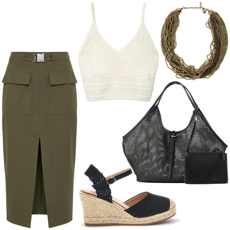Outfit donna - Total look #2411553. Stile Etnico per Tutti i giorni. Abbinamento con shopping bag, gonne longuette, top, collane, zeppe.