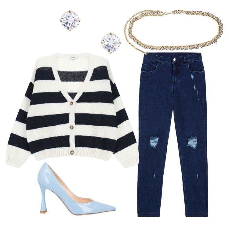 Outfit donna - Giugno piovoso con stile. Stile Casual chic per Tutti i giorni. Abbinamento con décolleté, jeans skinny, orecchini, cardigans, cinture.