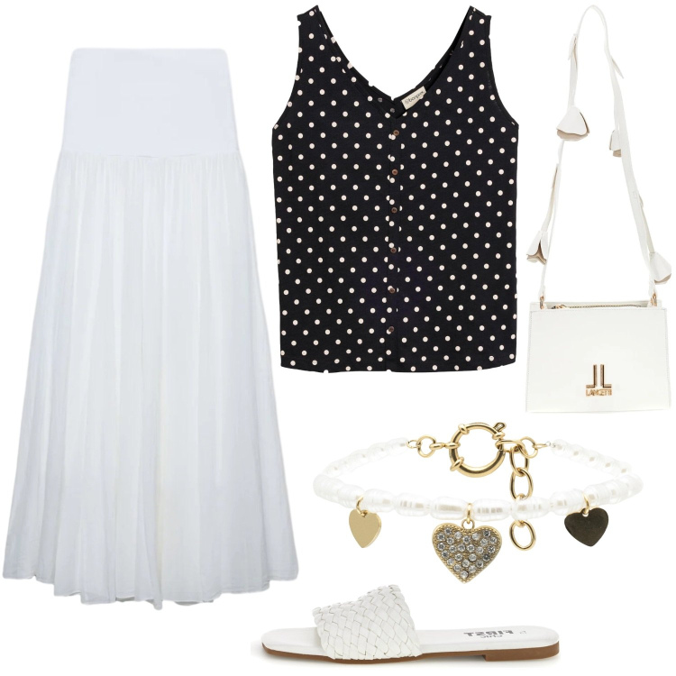Outfit donna - Voglia di leggerezza. Stile Minimal per Tutti i giorni. Abbinamento con canottiere, gonne lunghe, braccialetti, ciabatte, borse a tracolla.