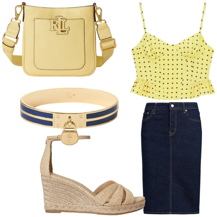 Outfit donna - Giallo nei dettagli. Stile Casual chic per Tutti i giorni. Abbinamento con canottiere, gonne, braccialetti con ciondoli, borse a tracolla, espadrillas.