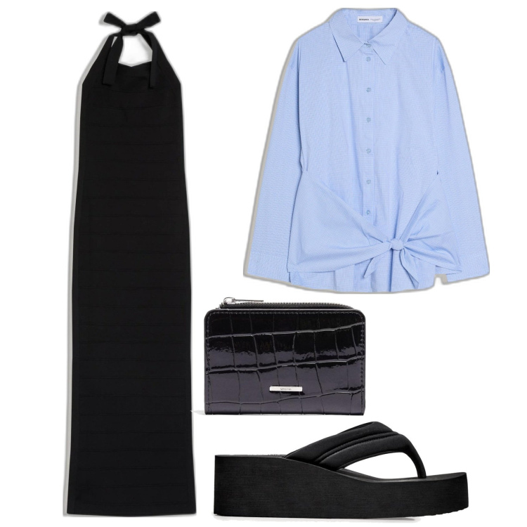 Outfit mujer - Casual chic. Estilo Casual chic para Todos los días. Combinación con vestidos midi/longuettes, camisas, sandalias, monederos.