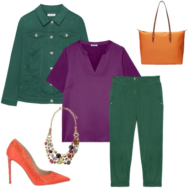 Outfit donna - tris. Stile Sporty chic Abbinamento con blazer, t-shirt, pantaloni, borse tote, collane, décolleté.