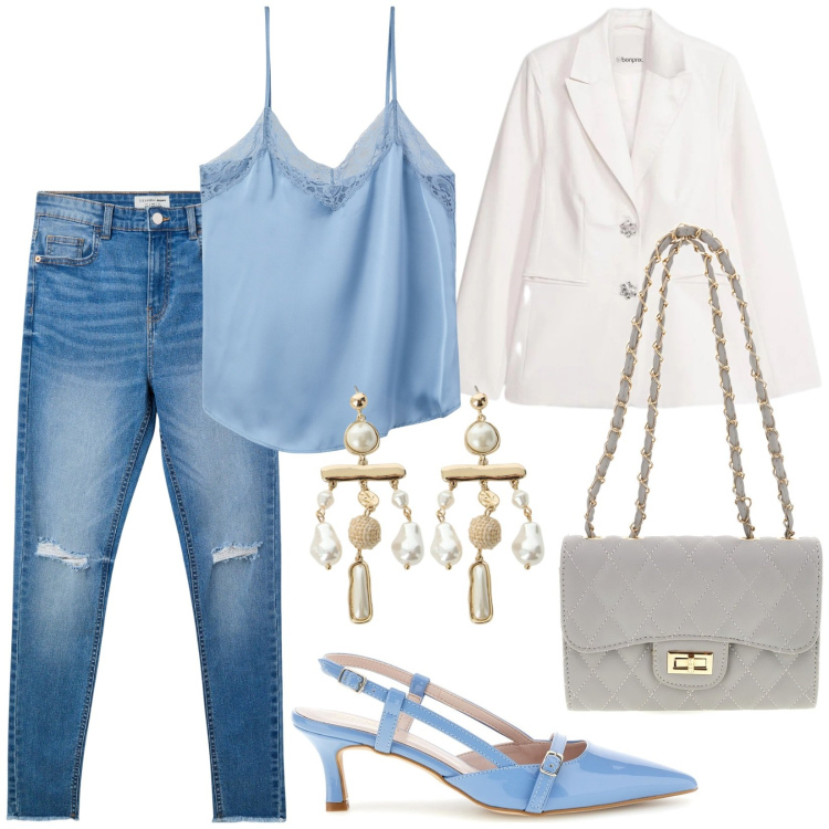 Outfit donna - Total look #2411565. Stile Casual chic per Serata fuori. Abbinamento con blazer, jeans strappati, canottiere, orecchini, décolleté, borse a tracolla.