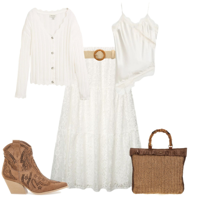 Outfit donna - Boho chic country serata evento. Stile Boho per Serata fuori. Abbinamento con cardigans, gonne lunghe, cinture, canottiere, borse a mano, stivaletti texani.