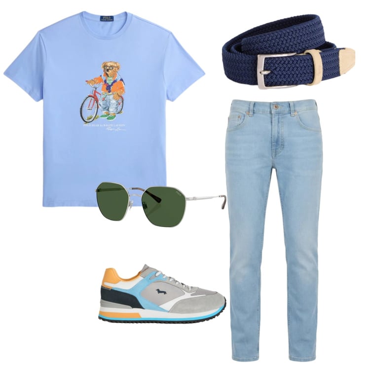 Outfit uomo - Skyline Weekend. Stile Trendy per Tutti i giorni. Abbinamento con sneakers, cinture, jeans, t-shirt, occhiali da sole.