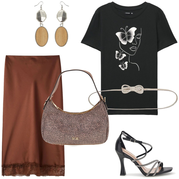 Outfit donna - Ad una Mostra d\'Arte. Stile Glamour per Serata fuori. Abbinamento con t-shirt, gonne longuette, cinture, orecchini, borse a tracolla, sandali col tacco.