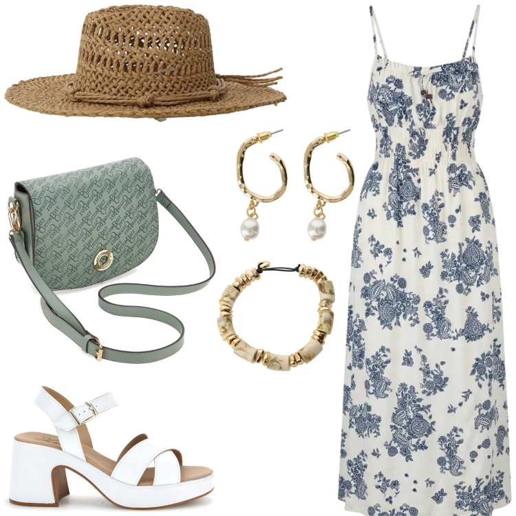 Outfit donna - In un pomeriggio d\'estate. Stile Basic per Tutti i giorni. Abbinamento con vestiti lunghi, cappelli, orecchini, braccialetti, borse a tracolla, sandali col tacco.