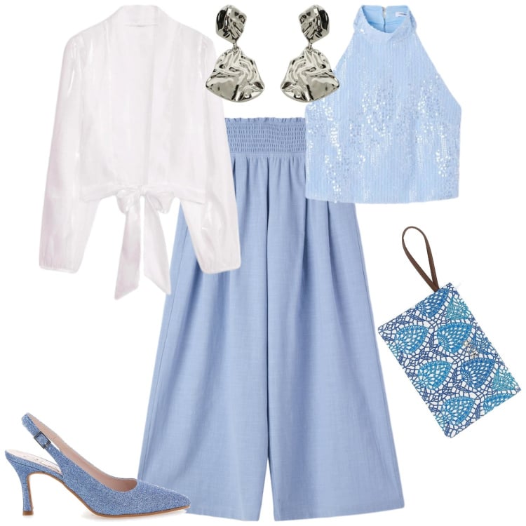 Outfit donna - Chic serata evento speciale. Stile Chic per Serata fuori. Abbinamento con kimono, top, pantaloni, orecchini, décolleté, pochette.