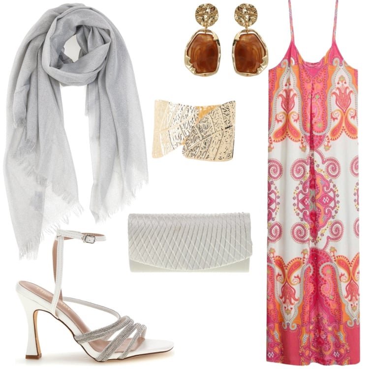 Outfit donna - In una sera d\'estate. Stile Glamour per Serata fuori. Abbinamento con vestiti lunghi, braccialetti, orecchini, foulard, sandali col tacco, pochette.