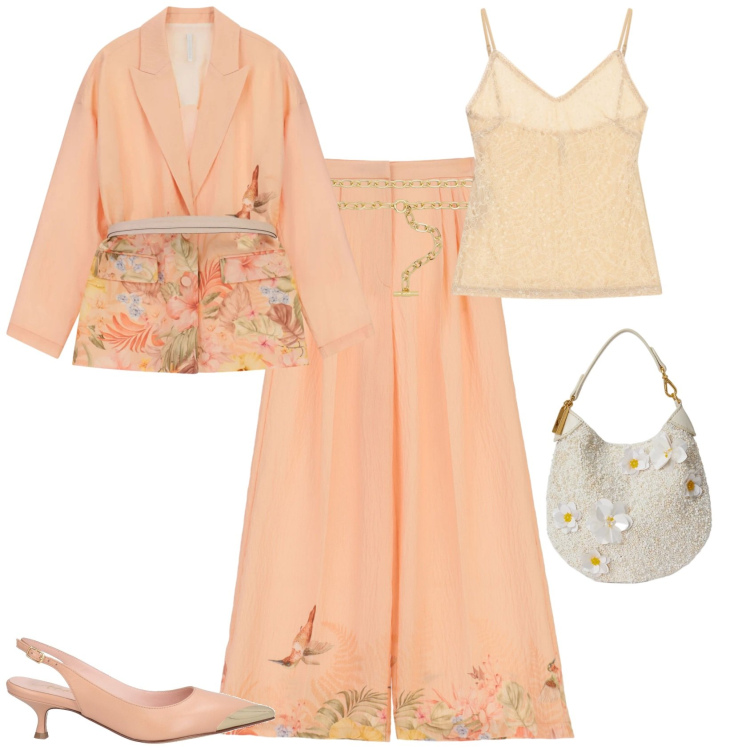 Outfit donna - Romantica chic cerimonia evento serata. Stile Chic per Cerimonia. Abbinamento con décolleté, blazer, pantaloni a palazzo, top, cinture, pochette.